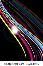 Rainbow color wavy lines on black background. Minimalistic dark background with stripes and light effects