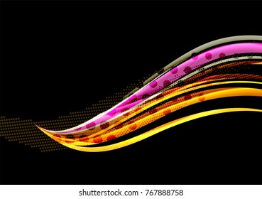 Rainbow color wavy lines on black background. Minimalistic dark background with stripes and light effects