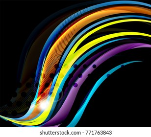 Rainbow-farbige Linien auf schwarzem Hintergrund. Minimalistischer dunkler Hintergrund mit Streifen und Lichteffekten