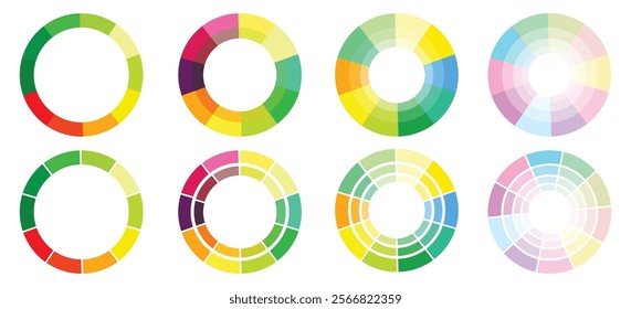 Rainbow color wheel. Pie chart colour palette spectrum. RGB and CMYK color guide.