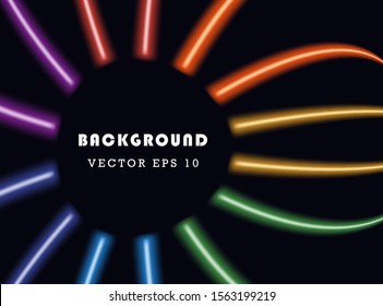 Rainbow colored abstract neon glowing lines on dark background. Vector illustration with indentation for text.