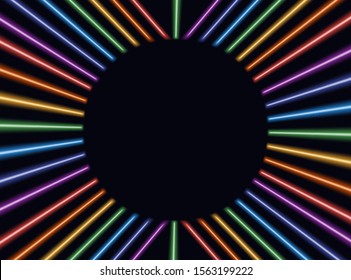 Rainbow colored abstract neon glowing lines on dark background. Vector illustration with indentation for text.