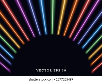 Rainbow colored abstract neon glowing lines on dark background. Vector illustration with indentation for text.