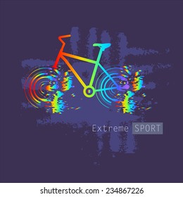 rainbow colored abstract riding bicycle on a dark blue grunge background, symbol of extreme sports