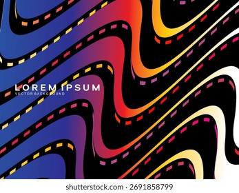 Fundo de vetor abstrato colorido com fundo preto padrão de linhas onduladas, criando um efeito dinâmico e moderno interessante para projetos futuristas e digitais.