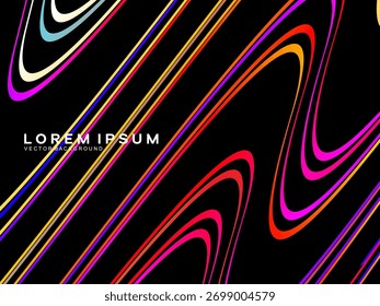 Rainbow colored abstract vector background with black background wavy lines pattern, creating an interesting dynamic and modern effect for futuristic and digital designs.
