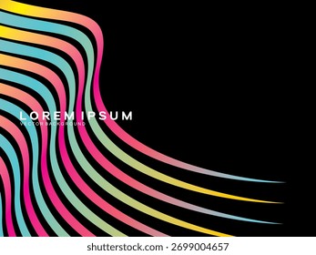 Rainbow colored abstract vector background with black background wavy lines pattern, creating an interesting dynamic and modern effect for futuristic and digital designs.