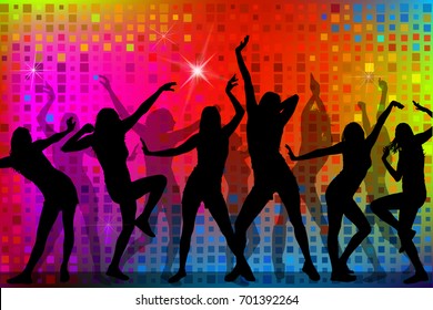 Rainbow colored Background and Silhouettes of dancing girls. Vector