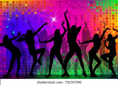 Rainbow colored Background and Silhouettes of dancing girls. Vector