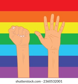Mano trasera de color arcoiris con puño alto. Orgullo gay. Concepto LGBT. Estilo realista vectorial ilustración colorida. Pegatina, parche, impresión de camisetas
