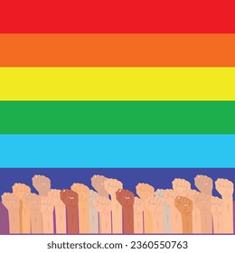 Mano trasera de color arcoiris con puño alto. Orgullo gay. Concepto LGBT. Estilo realista vectorial ilustración colorida. Pegatina, parche, impresión de camisetas