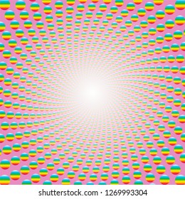 Rainbow colored balls forming a spiral on pink background with bright white center. Twisted circular background illustration, hypnotic and psychedelic, like a trip to a fantasy world.
