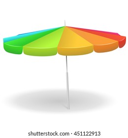 Rainbow colored beach umbrella isolated on white background vector illustration.