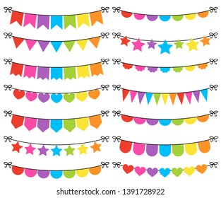 Rainbow Colored Bunting Vector Set. Colorful Flags On String, Party Garlands, Festive Pennant Banner Clip Art Collection. Birthday Decoration. Bunting Illustration Flat Style.