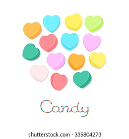 Rainbow colored candy hearts isolated on white background