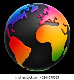 Rainbow colored cartoon planet Earth 3d icon on black background. Multicolored planet Earth. Vector illustration