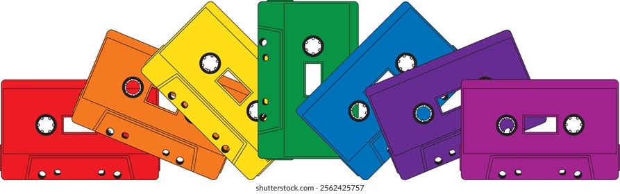 Rainbow colored Cassette tapes fanned out