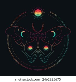 Rainbow colored celestial background with shiny butterfly outline. Vector illustration