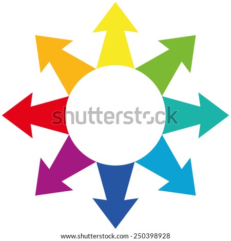 Rainbow colored centrifugal arrows showing outwards. Isolated vector illustration on white background.