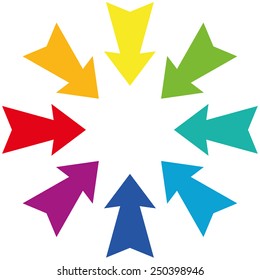 Rainbow colored centripetal darts showing to the center. Isolated vector illustration on white background.