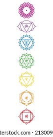 Símbolos chakra de color arcoiris. Los chakras principales multicolores, cómo se encuentran en el cuerpo. Raíz, sacra, ombligo, corazón, garganta, tercer ojo y chakra de la corona. Ilustración aislada, sobre fondo blanco.