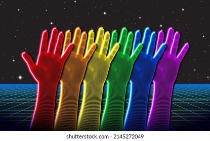 Rainbow colored cheerful waving hands poster in 80s synthwave style for Pride Month or LGBT themed celebrations.