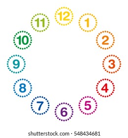 Rainbow colored clock face with numerals and hours one to twelve. Analog clock and watch dial with circles made of dots and the numbers. Isolated illustration on white background. Vector.