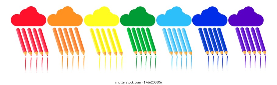 Rainbow colored clouds. It is raining from the clouds with colored pencils. Can be used in the lesson, cover, surface, background. Vector illustration