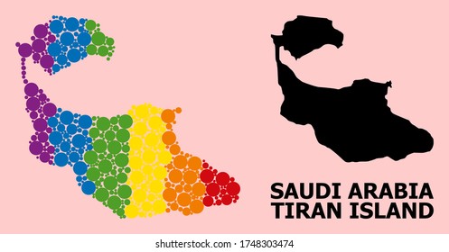 Rainbow colored collage vector map of Tiran Island for LGBT, and black version. Geographic concept map of Tiran Island is organized from randomized round spheric spots.