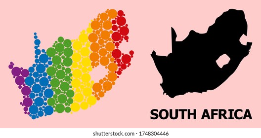 Rainbow colored collage vector map of South African Republic for LGBT, and black version. Geographic collage map of South African Republic is composed with random round spheric dots.
