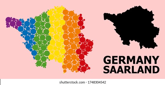 Rainbow colored collage vector map of Saarland State for LGBT, and black version. Geographic concept map of Saarland State is done from randomized round spheric elements.