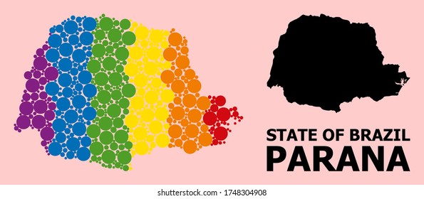 Rainbow colored collage vector map of Parana State for LGBT, and black version. Geographic collage map of Parana State is created with random circle spots.