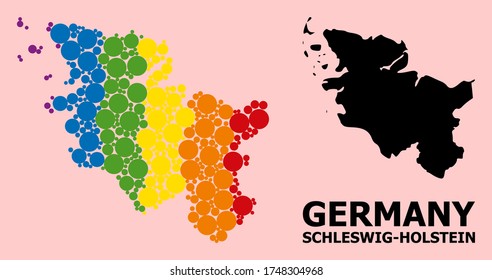 Rainbow colored collage vector map of Schleswig-Holstein State for LGBT, and black version. Geographic concept map of Schleswig-Holstein State is created with scattered circle spots.