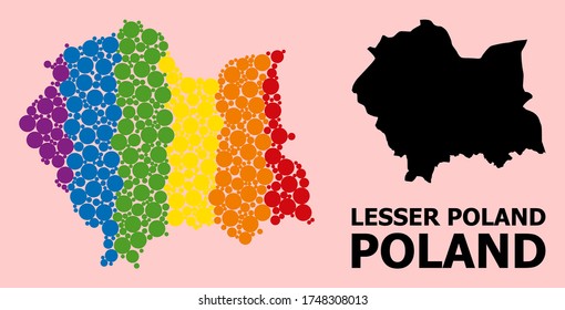 Rainbow colored collage vector map of Lesser Poland Province for LGBT, and black version. Geographic collage map of Lesser Poland Province is combined with random circle spots.