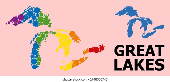 Rainbow colored collage vector map of Great Lakes for LGBT, and black version. Geographic concept map of Great Lakes is created with randomized circle spots.