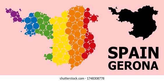 Rainbow colored collage vector map of Gerona Province for LGBT, and black version. Geographic concept map of Gerona Province is designed from scattered circle dots.