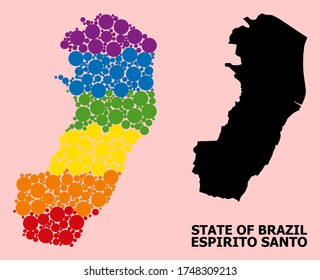 Mapa vectorial de color arcoiris del estado de Espirito Santo para LGBT, y versión negra. El mapa conceptual geográfico del estado de Espirito Santo se combina a partir de puntos de círculo dispersos.