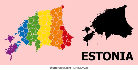 Rainbow colored collage vector map of Estonia for LGBT, and black version. Geographic collage map of Estonia is composed with randomized round spheric elements.