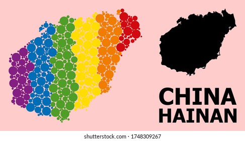 Rainbow colored collage vector map of Hainan Island for LGBT, and black version. Geographic collage map of Hainan Island is composed from random round spheric spots.