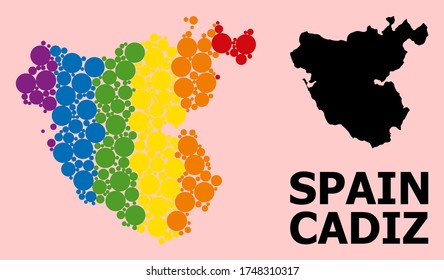 Rainbow colored collage vector map of Cadiz Province for LGBT, and black version. Geographic concept map of Cadiz Province is designed with scattered circle elements.