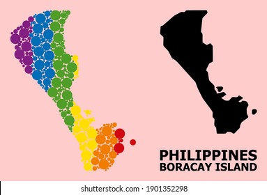 Rainbow colored collage vector map of Boracay Island for LGBT, and black version. Geographic concept map of Boracay Island is composed with scattered round spheric dots.