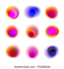 Rainbow colored collection blurred round spots white background  Set gradient circles vibrant colors  Red  pink  purple  blue transparent dots 