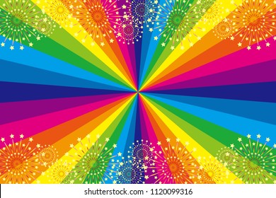 Rainbow colored concentration line and fireworks, summer festival, fireworks festival, concentration line, radiation