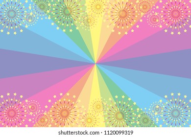 Rainbow colored concentration line and fireworks, summer festival, fireworks festival, concentration line, radiation