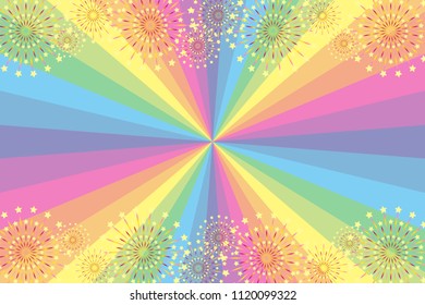 Rainbow colored concentration line and fireworks, summer festival, fireworks festival, concentration line, radiation