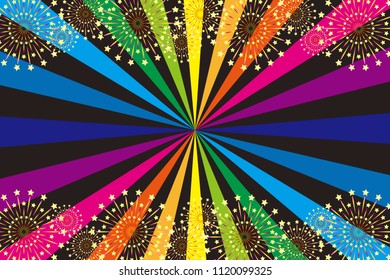 Rainbow colored concentration line and fireworks, summer festival, fireworks festival, concentration line, radiation