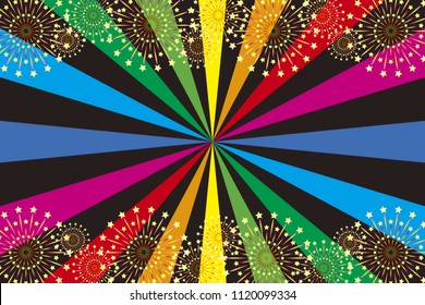 Rainbow colored concentration line and fireworks, summer festival, fireworks festival, concentration line, radiation