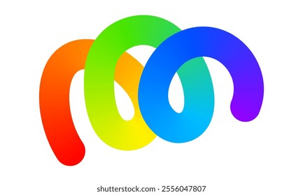 Rainbow colored curvy line isolated on white background. Cool colorful squiggle with loops in spline style. Organic doodle figure with gradient effect. Vector illustration.