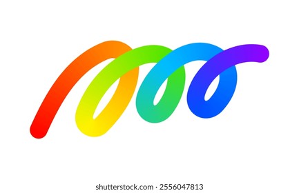 Rainbow colored curvy line isolated on white background. Cool colorful squiggle or loop stripe in spline style. Organic doodle figure with gradient effect. Vector illustration.