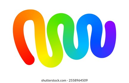 Rainbow colored curvy line isolated on white background. Cool colorful squiggle. Organic doodle figure with gradient effect. Vector illustration.